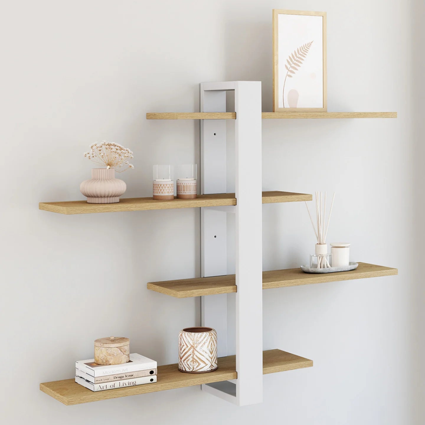 Etagère murale avec étagères coulissantes 4 niveaux façon hêtre et noir & blanc