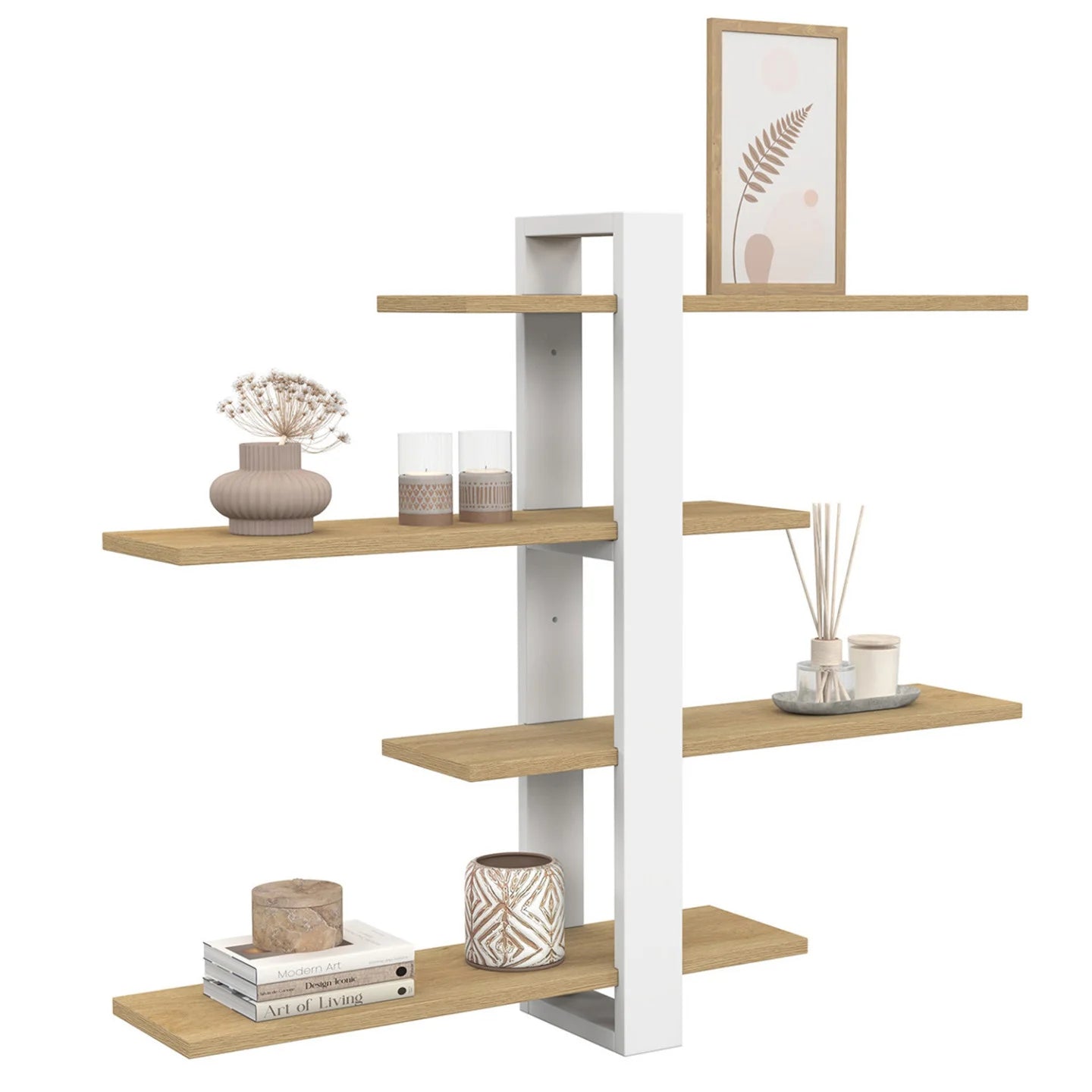 Etagère murale avec étagères coulissantes 4 niveaux façon hêtre et noir & blanc