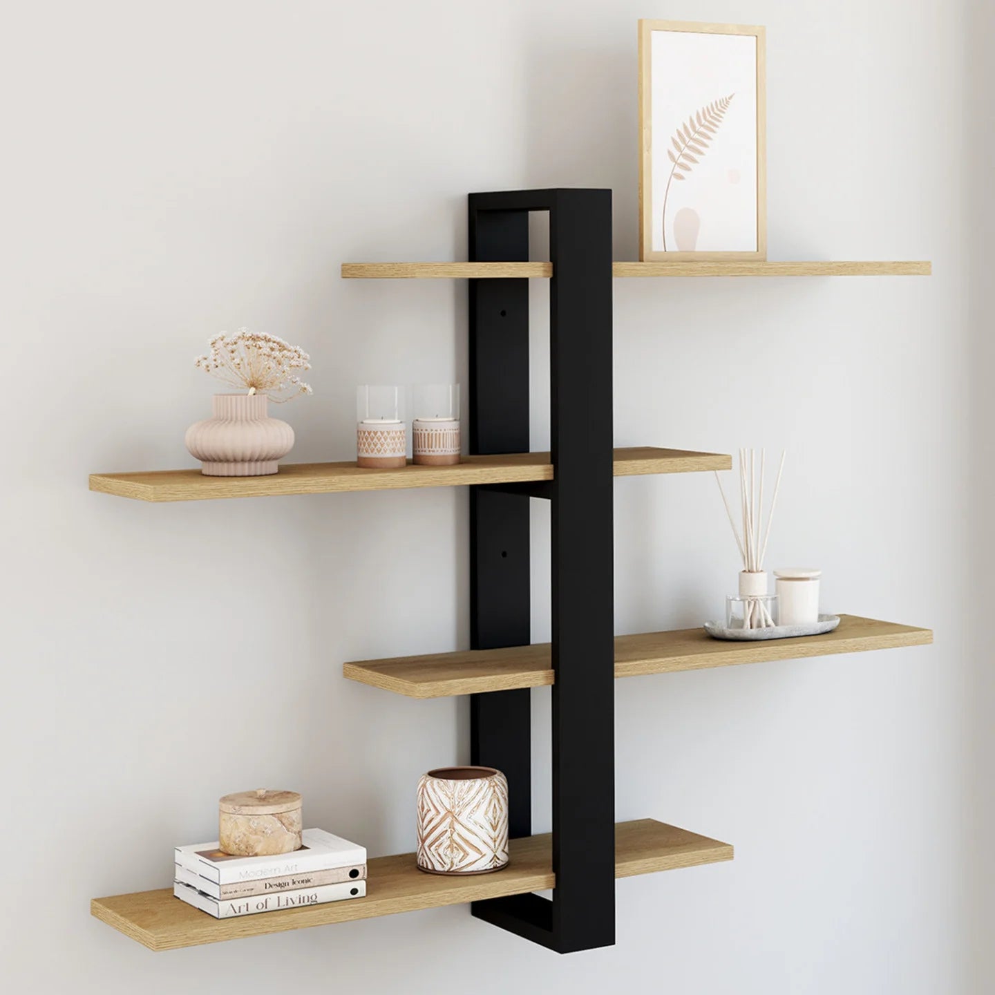 Etagère murale avec étagères coulissantes 4 niveaux façon hêtre et noir & blanc