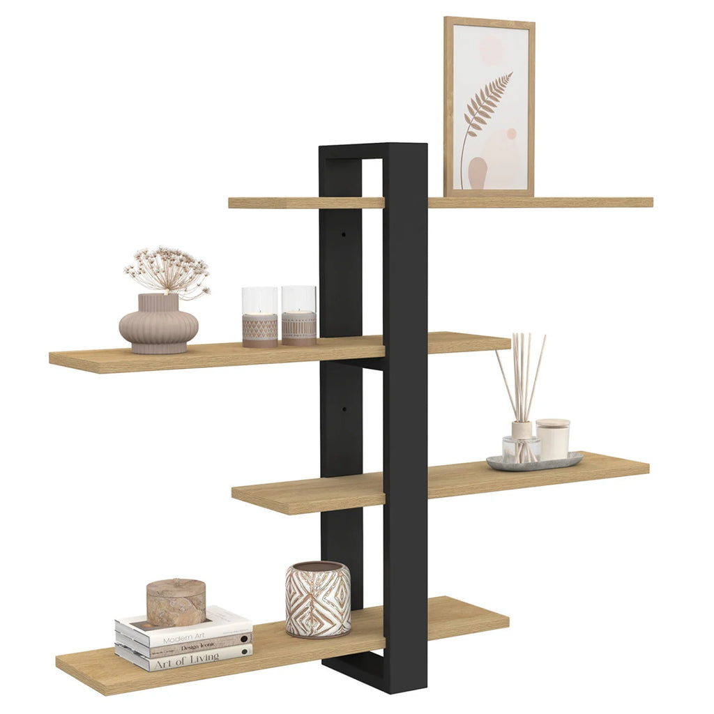 Etagère murale avec étagères coulissantes 4 niveaux façon hêtre et noir & blanc
