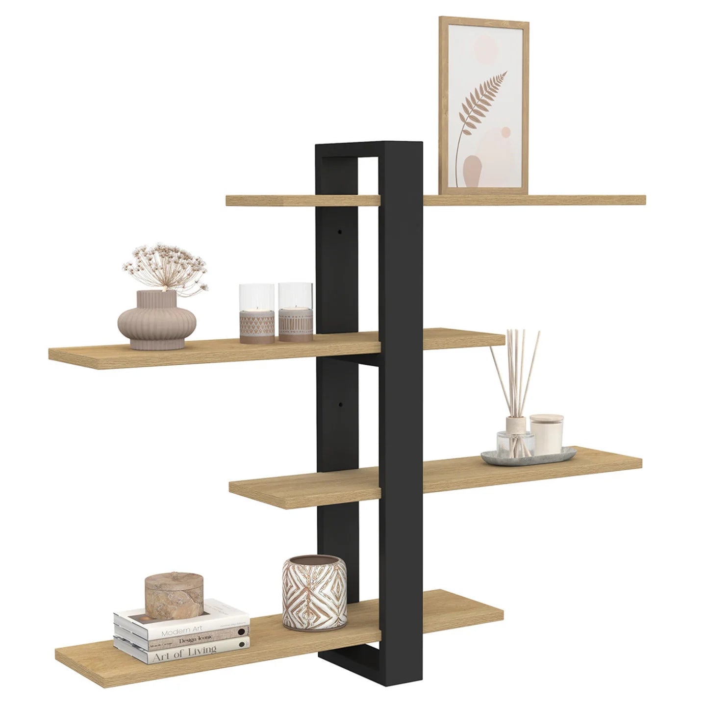 Etagère murale avec étagères coulissantes 4 niveaux façon hêtre et noir & blanc